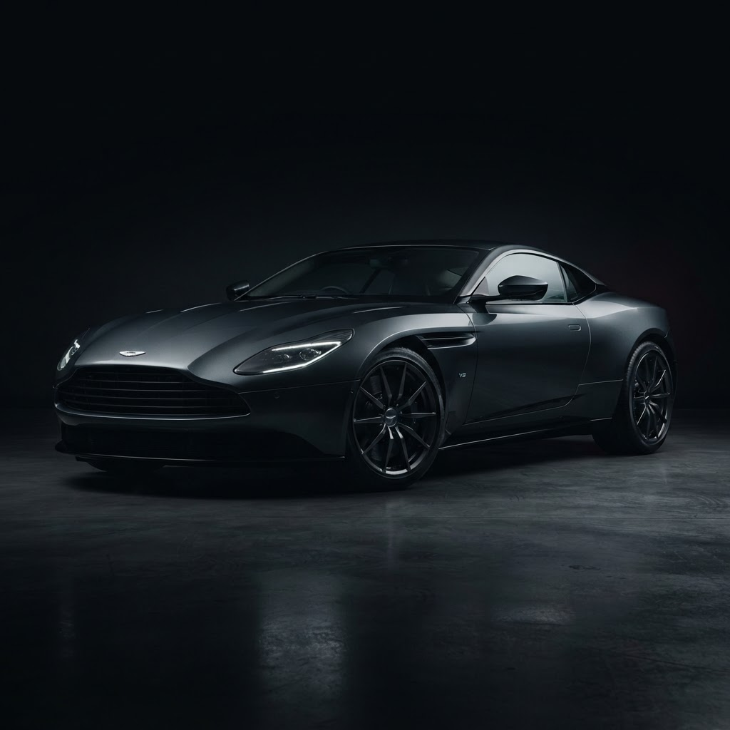 Dark luxury grand tourer coupe in a black studio